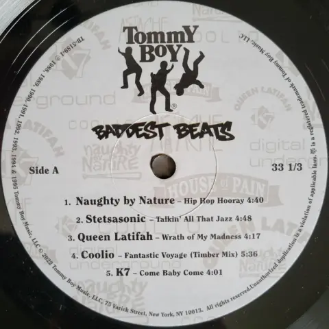 record label with Tommy Boy logo and track list