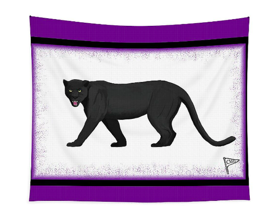 Our black panther mascot is shown on a tapestry or banner, with a purple background.