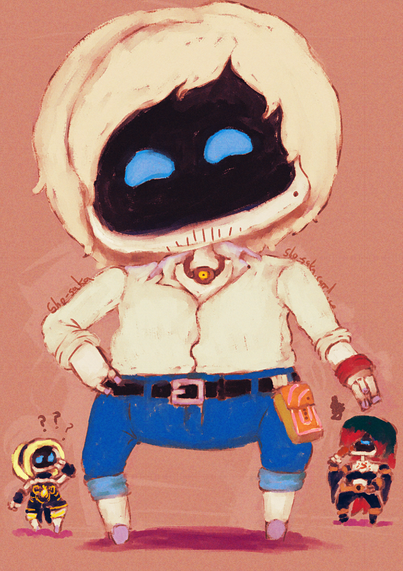 Background: Kat-Bot [left] looking perplexed, while Raven-Bot [right] just sighs as she eats(?) some meat skewer

Foreground: Syd-Bot [centre] in his Gravity Rush/Daze 2 outfit