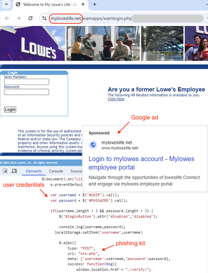 A malicious Google ads leads to a phishing site for Lowe's employee portal.