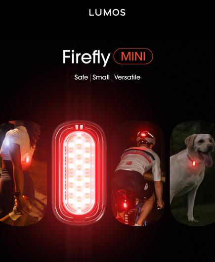 Werbegrafik von Lumos für die kleinen, vielseitigen Fahrradlichter "Firefly Mini".

In rot (eins in weiß) leuchtend zu sehen jeweils an Ärmel und rückseitigem Bündchen eines Shirts, an Fahrradhelm und Sattelstütze, am Hundehalsband und in Großaufnahme.