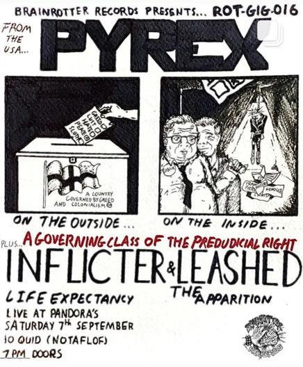 gig flyer for Pyrex, Inflicter, Leashed and The Apparition at a secret venue in Leeds 12

byob, cotd, notaflof, dm for satnav