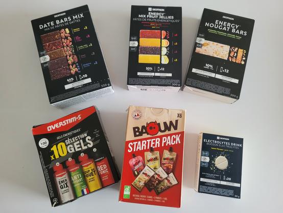6 paquets de gels, barres énergétiques, électrolytes, nougats et pâtes de fruits