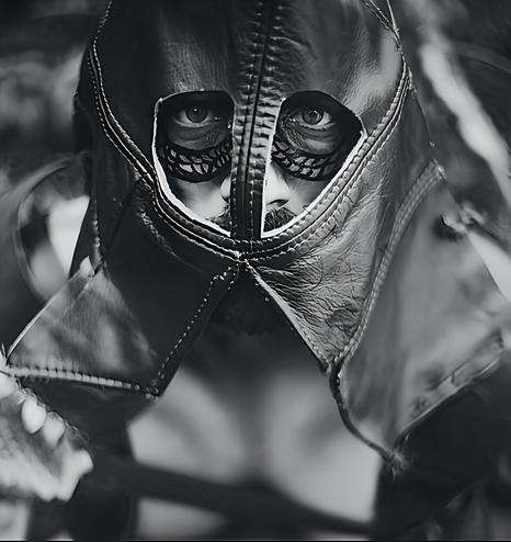 Stefan, wearing a leather helmet, full face mask. He has snake ring body paint, under both eyes. He is looking directly into the camera.
Black and white photo.