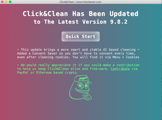 screenshot of click&clean browser addon using the pepe logo
