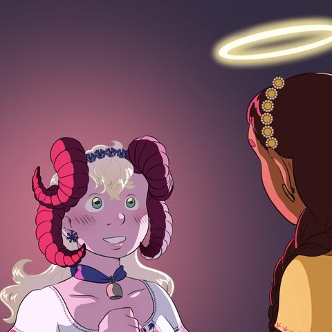 The same panel from the previous page, but the lighting is mor vibrant and you donät see the angel lady‘s face.