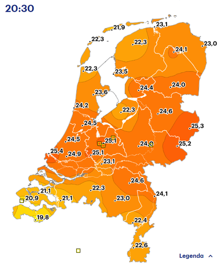 Map of the Netherlands with temperatures at 20:30. Over 25C in the center
