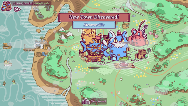 A screenshot from Townseek showing the player discovering the town of Meowosville. The player is in the default airship they start the game with, being a shark-shaped blimp, a traditional ship hull. They are standing next to a colourful town with various cat shaped buildings, boxes, and yarn balls. To the left, some cats can be seen fishing from boats, while around the town, there are critters such as ducks and pigs. The text on screen notifies the player they've discovered a town with the text saying "New Town Discovered!".