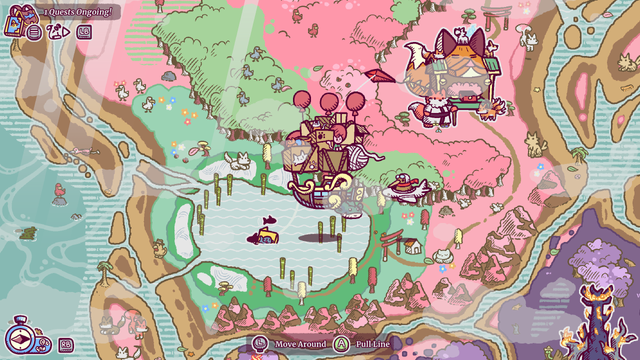A screenshot of Townseek where the player is flying across a pink and green forest biome. The player's airship is a stylish wooden ship with golden highlights, being lifted by several crates with cats, tied to balloons. There is a kiwi on an airplane following the blimp. The player is fishing on a lake surrounded by a garden in the middle of the forest. Farther from the player, there is a shrine dedicated to foxes inside a pink forest. To the south, there is a darked biome with fire and burnt trees.