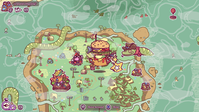 A screenshot of Townseek where the player is flying above a jungle. Their airship is a burger with a pizza flag lifting a hotdog, and it's being followed by an anthropomorphic milkshake with sunglasses. It's super rad! The player has a prompt to mine a fallen star that's next to a giant snake wearing a cowboy hat and a bandana, it to with various other types of rocks around. To the south west, there is a band of snakes playing on a concert. There are small critters such as gorillas and birds around both player and snake.