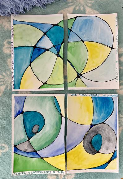 4 abstract postcards in watercolor with ink outlines in shades of blue, yellow, green and a little grey.