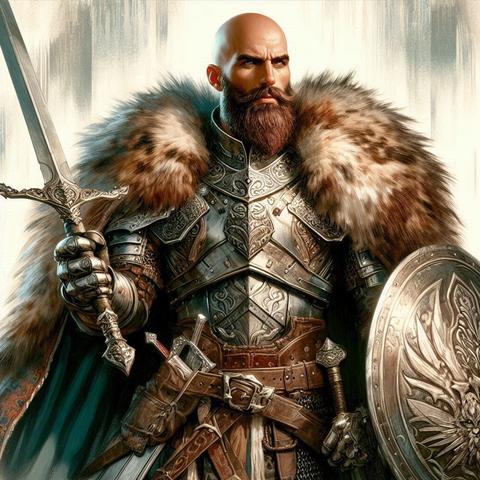 Um homem branco, careca, de barba. Ele está usando uma armadura de placas, carrega um escudo e uma espada. nas costas, traz uma capa de pele de lobo.