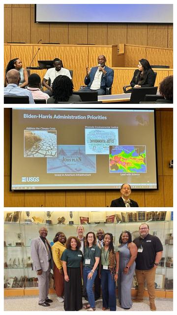 Three pictures in vertical format. First panel is Dr. Brandon Jones, American Geophysical Union (AGU) leading a panel. Second panel is Dr. David Applegate, US Geological Survey (USGS) speaking. Third panel shows USGS staff and Dr. Applegate posing in front of a display.