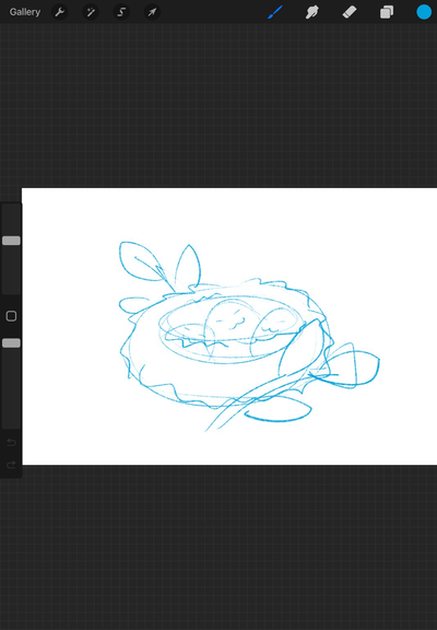 Rough digital sketch of happy eggs in nest.