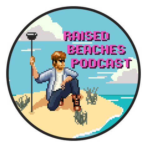 The Raised Beaches Podcast logo. It is in a pixel art style. It shows me, sitting on one knee, holding a GPS receiver, on top of a raised beach.