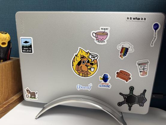 A silver laptop sits in a curved laptop cradle on a desk. The laptop has an assortment of stickers:
Xfiles: I want to believe
D for donkey
(Born)²
This is fine (dog sitting in fire)
Dory: just keep swimming
You can do it (positiveitea)
Cloud vomiting rainbow
P.I.V.O.T (couch from friends)
It is what it is
Sometimes you have to let go (balloon)
But first, coffee
Caffiene molecule