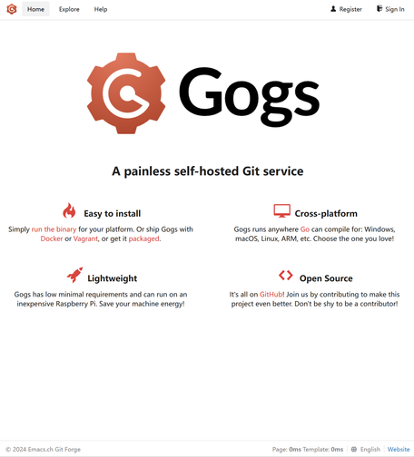 The front page of a gogs instance.