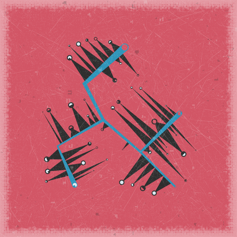 Abstract digital artwork of jagged blue and black lines an red background