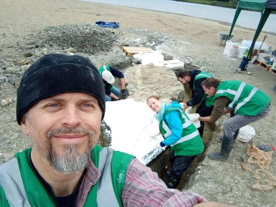 A team of happy people excavating a large skeleton, applying plaster of paris to the massive skull about 2 metres long.