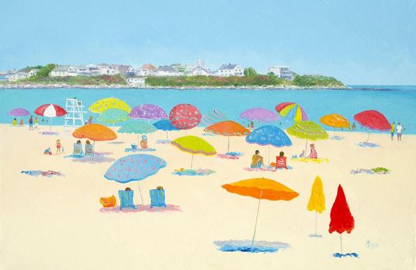 An impressionist beach scene of Hampton Beach in New Hampshire, United States, looking towards the beautiful houses of Boars Head. A seascape painting which is full of colorful beach umbrellas, people, children and life guard chair!