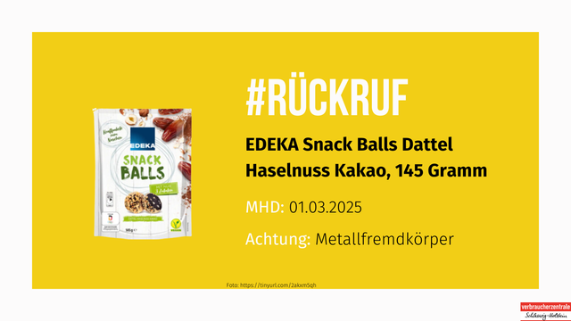 EDEKA Snack Balls Dattel Haselnuss Kakao, 145 Gramm
MHD: 01.03.2025
Achtung: Metallfremdkörper
