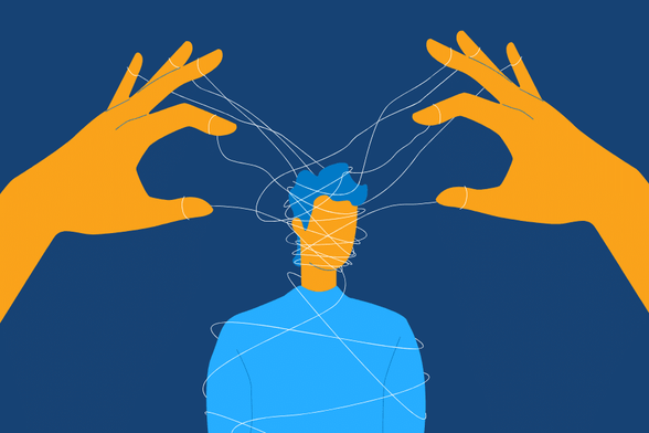 Illustration showing a man with his hands on his head, symbolizing stress or overwhelming thoughts in a contemplative manner.