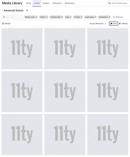 Screenshot of my Cloudinary Library with multiple identical images of Eleventy logo