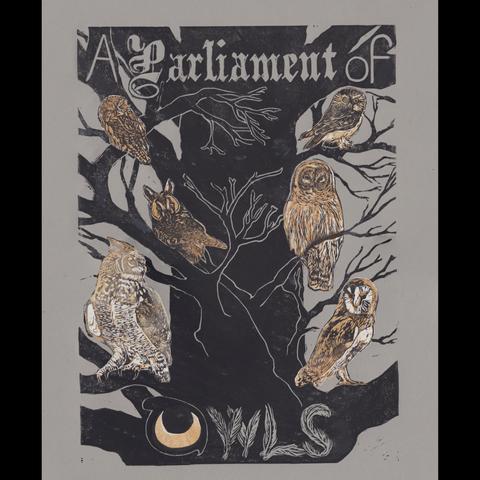 For my linocut parliament of owls I made two columns of local owls - like government an which the loyal opposition in this parliament in a tree printed in black against a dark grey evening sky!  It reads “A parliament of owls” in gothic lettering and the word Owl is made with an eye and feathers.

Right to left and top to bottom the owls are: Northern saw-whet, Eastern screech, Barred, long-eared, Barn and Great Horned owl. They are printed in shades of brown on white chine collé paper on the grey background.