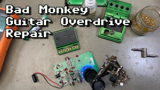 Thumbnail for my video, showing my workbench with a disassembled Bad Monkey guitar effect pedal. The PCB has been repaired and UV curable solder mask was added. Now a UV light is propped up shining on the circuit board to cure it. The overlayed text reads "Bad Monkey Guitar Overdrive Repair".