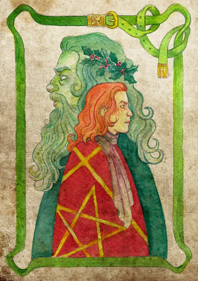 A drawing of Sir Gawain with his pentagram and of the Green Knight. By Sigune.