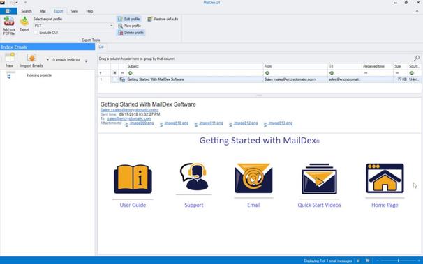 MailDex by Encryptomatic LLC is a tool for managing volumes of .EML email files. This is the main screen, showing buttons for accessing important features like EML to PDF conversion, and links to helpful information.