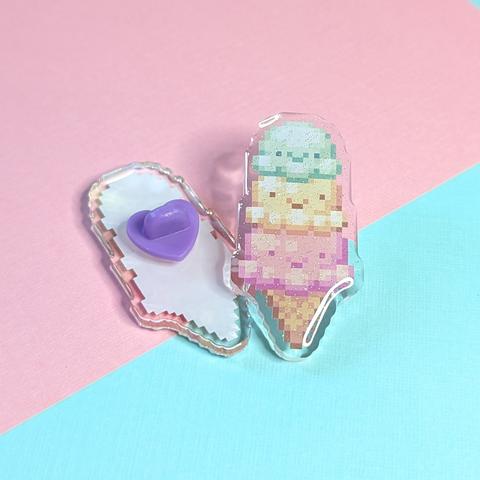 Pixel art acrylic pin of 3 scoops of icecream (strawberry, vanilla, and pistachio) with smiley faces