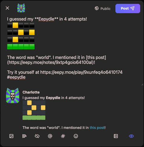 Screenshot of the Eepydle share prompt, which has the standard Wordle-style colorful squares to indicate how you did