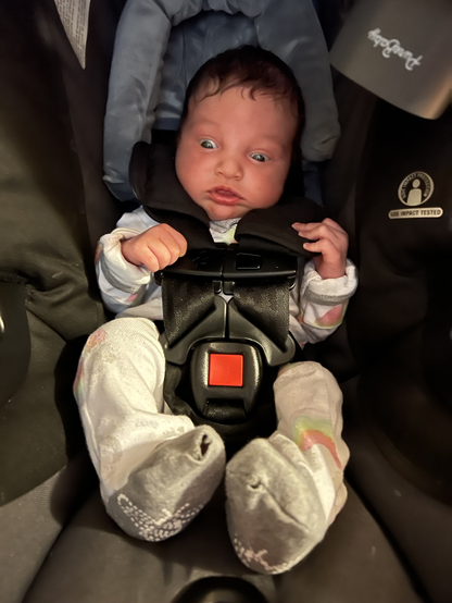 An infant in a carseat looks down with wide eyes.