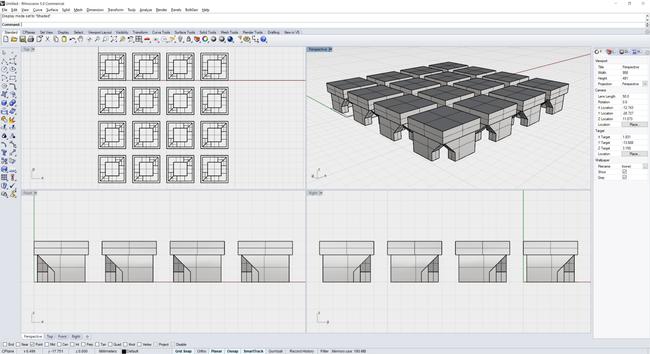 A screenshot from 3D modelling program Rhino, showing the tiles' 3D model arrayed in a grid.
