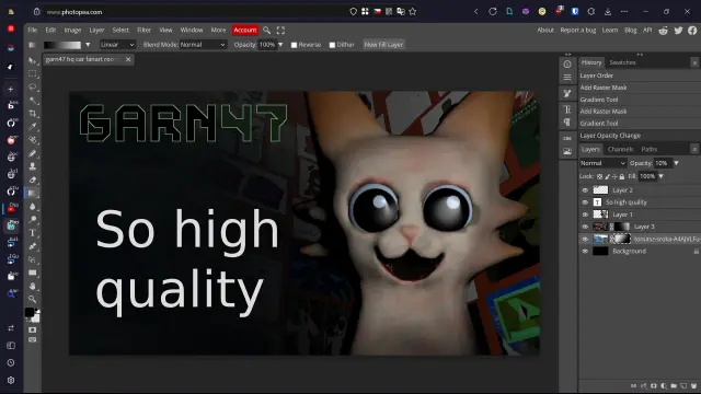 Photopea online image editor with a YouTube thumbnail, showing a 3D model cat named "car" from Garn47 next to text that says "So high quality".