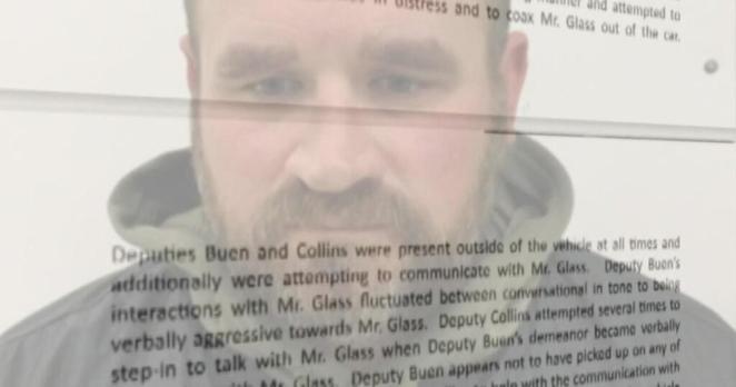 Image from CBS News Colorado: Photo of former Clear Creek County deputy Andrew Buen, the man who shot and killed Christian Glass. Words superimposed over the photo read: Deputies Buen and Collins were present outside of the vehicle at all times and additionally were attempting to communicate with Mr. Glass. Deputy Buen's interactions with Mr. Glass fluctuated between conversational in tone to being verbally aggressive toward Mr. Glass. Deputy Collins attempted several times to step in to talk with Mr. Glass when Deputy Buen's behavior became verbally…