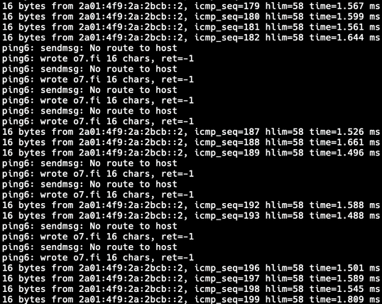 ping output showing IPv6 default route disappearing periodically.