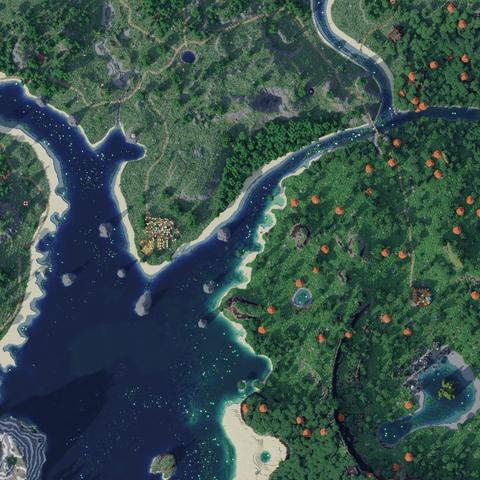 Render of Minecraft world Drehmal v2.2.1 APOTHEOSIS seen from above, path traced in Avoyd, with biomes visible in the water and grass colour differences