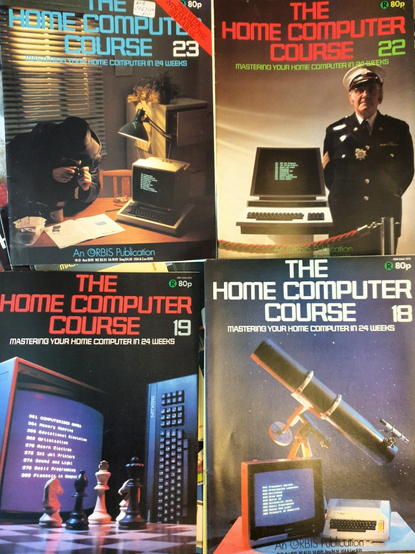 A photo of four of the issues with various edited photographs as covers of someone looking like a spy photographing something on a computer, a security guard standing next to a Commodore PET, a chessboard and pieces in focus in front of a monitor and upright microcomputer, and a telescope behind a small microcomputer and boxy CRT.