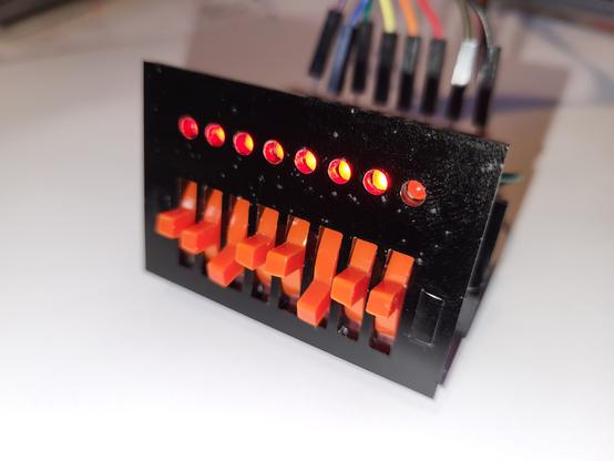 8 leds and 8 red plastic toggle switches in a line