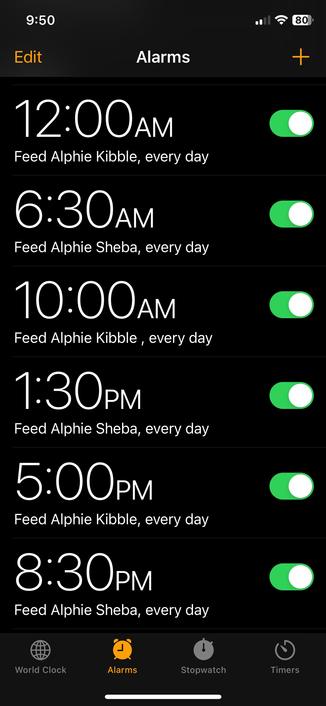 Screenshot of Alarms tab in iOS Clocks.app