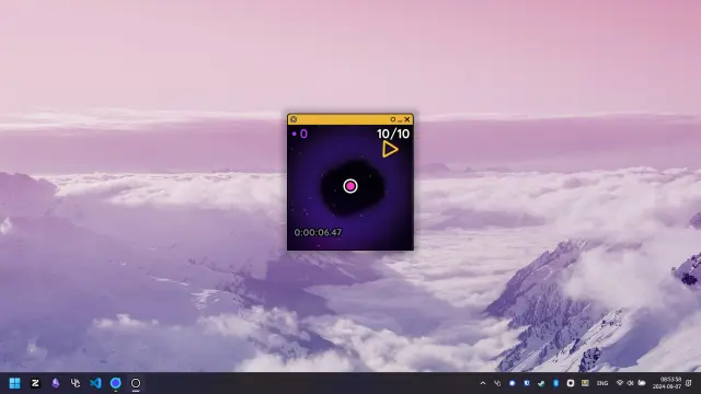 Screenshot of special looking window (from the game Windowkill) on Windows 11 with a pastel pink/purple clouds wallpaper