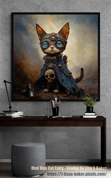 A framed digital mixed media art print showcased in a room setting of a cat dressed in the style of mad max or steampunk in an apocalyptic type setting.