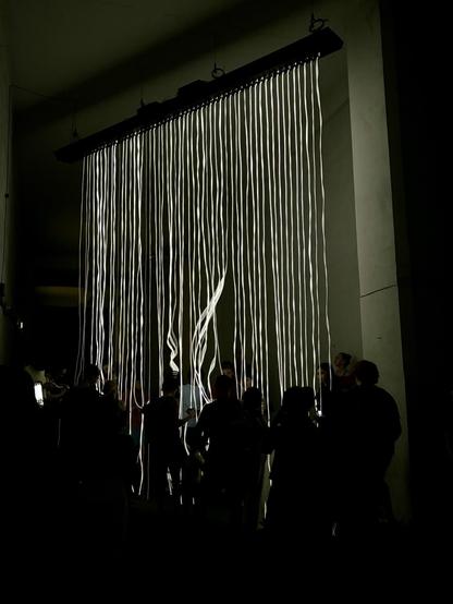 Das Bild zeigt eine Installation namens "Cascade" von Marc Vilanova. Mehrere lange, dünne Lichtfäden hängen von einer schwarzen Leiste an der Decke und fallen bis knapp über den Boden. Die Fäden leuchten hell und erzeugen den Eindruck eines Wasserfalls aus Licht. Um die Installation herum stehen Menschen in einem dunklen Raum, die teilweise von dem Lichtvorhang erleuchtet werden. Die Atmosphäre ist geheimnisvoll und erinnert an fließendes Wasser, das durch den Raum fällt.