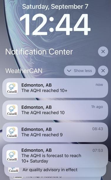 Notifications from Environment and Climate Change Canada showing that at 12:44 on Saturday, September 7, 2024, our air quality, on a scale of 1-10, with 10 being the worst, is "10+".