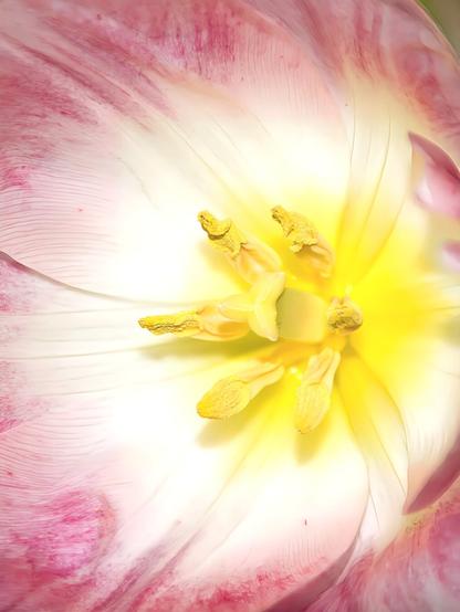A close-up of a beautiful flower. The central part, likely the pistil, is surrounded by several stamens with visible pollen. The petals have a gradient of colors, transitioning from white to pink with subtle hints of yellow near the center.
