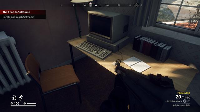 A home office in a Swedish home circa 1989, showing a Commodore Amiga 1000 knock off (labeled Commando Omega) sitting on a desk with a notepad and a bunch of books.