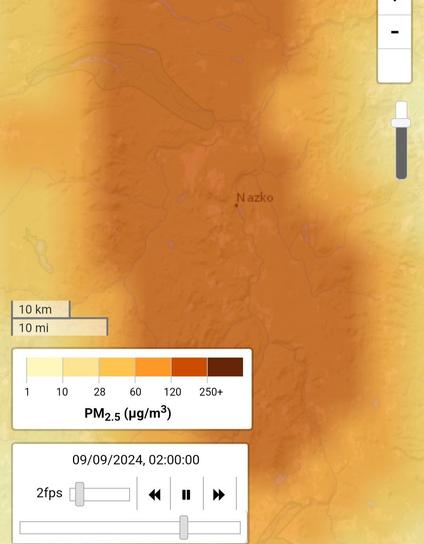 Screen capture showing air quality heat-map of Nazko Valley, British Columbia, where wildfires are currently burning. The meter reads between 60 and 120 PM, which is very high.
