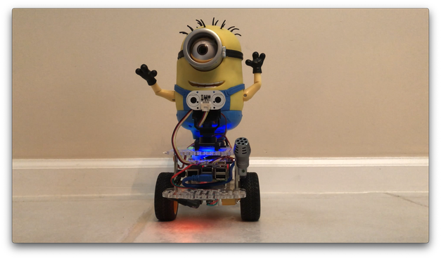 GoPiGo3 Differential Drive robot with Minion Carl holding his arms up in frustration when his Google Gemini ROS (Robot Operating System) code quit prematurely.